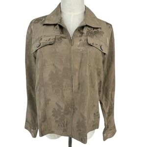 CHICOS Silk Cotton Blend Jacquard Safari Jacket Khaki Women Sz 1 M 8/10 Casual